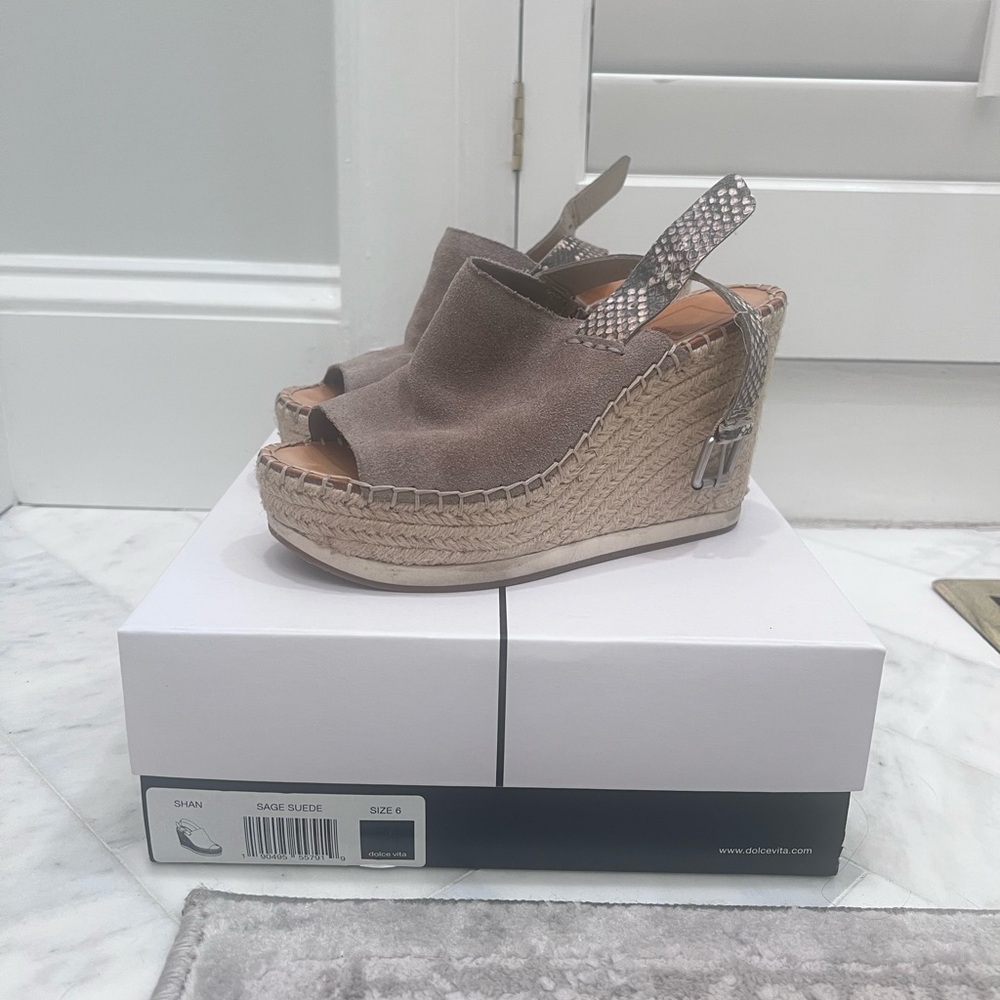Dolce Vita Shan Espadrille Wedge Sandals Sage Suede Snakeskin Slingback Size 6